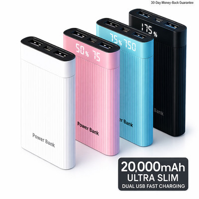 Mini 20000mAh Power Bank UltraThin USB Portable External Battery Backup Charger