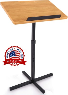 Atril de suelo portátil con soporte de podio, altura ajustable y diseño estable.