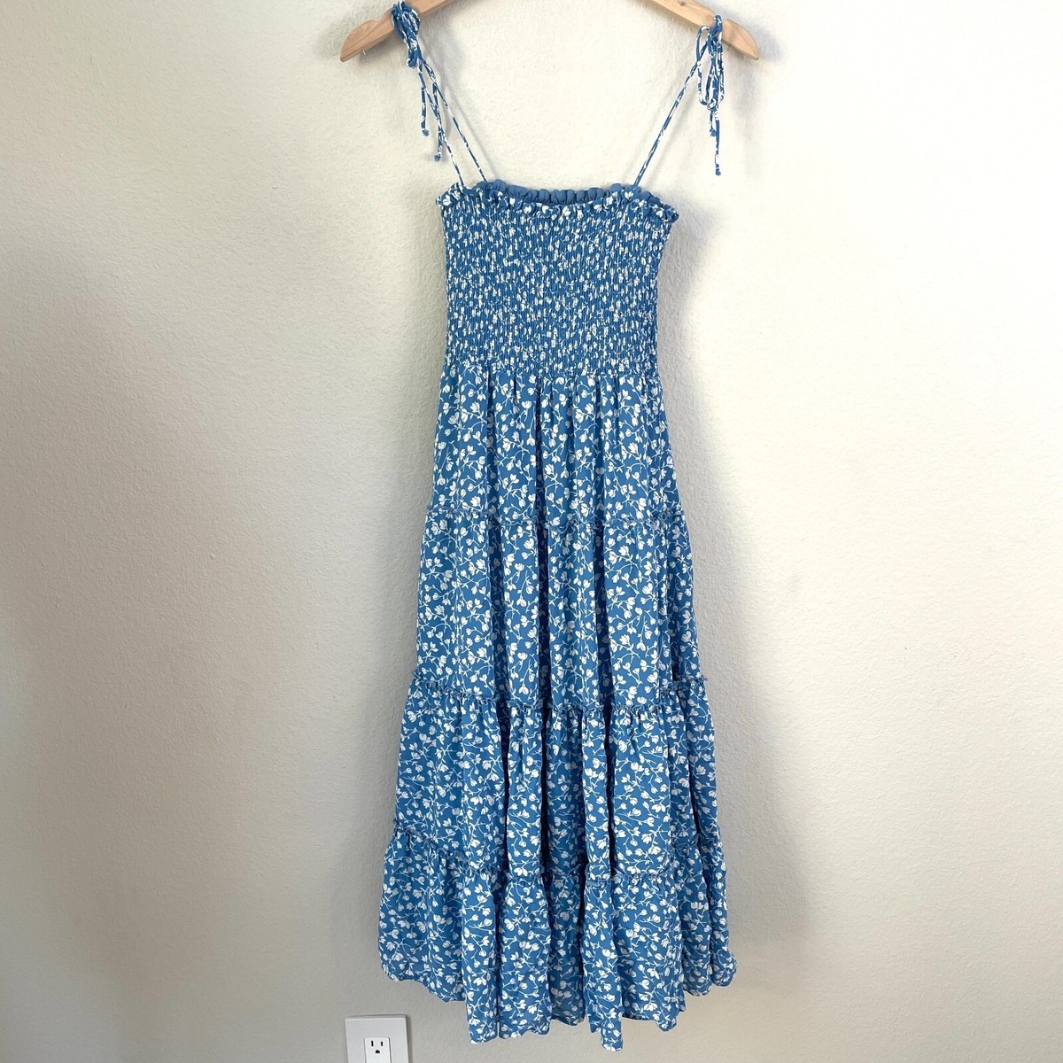 Reformation Womens XS Nira Blue Floral Print Tiered Crêpe