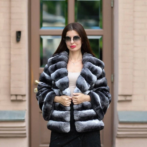 Eleganter Echt Rex Kaninchen Pelzmantel Damen Warm Chinchilla Outwear Dicke Neue - Bild 4 von 6