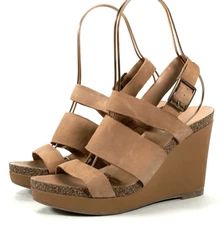 Franco Sarto Sandals Women's size 8 Fiona Strappy Leather Wedges Tan Brown