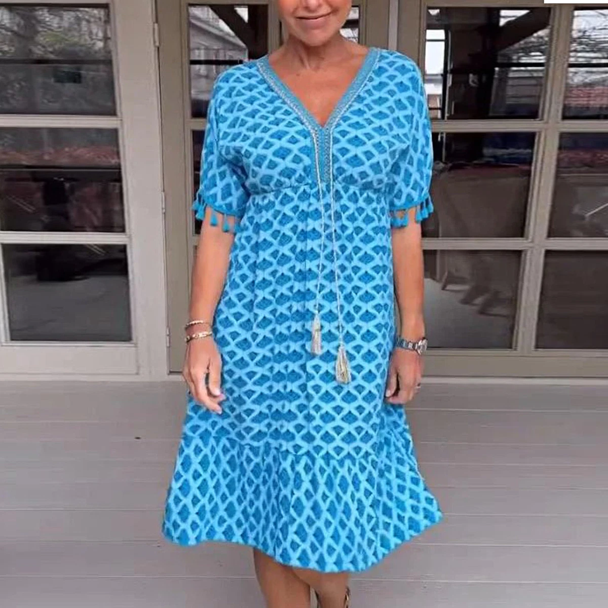 Ladies Summer Dress Drawstring Dress up Breathable Summer Midi Dress Knee Length