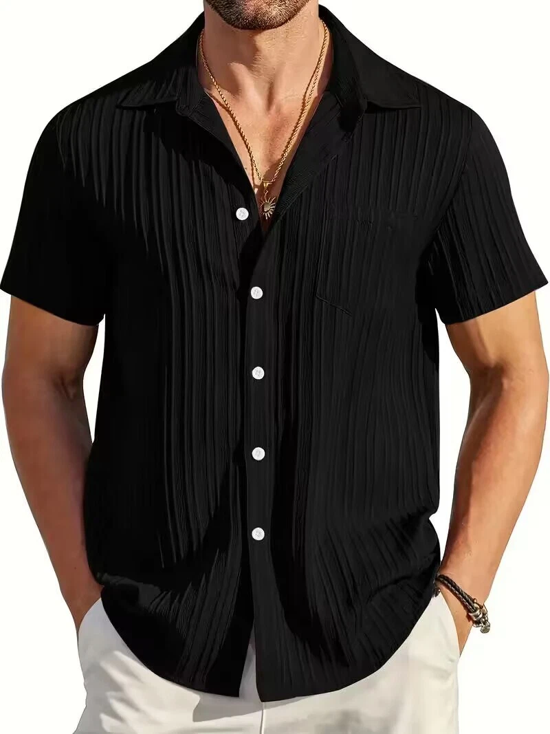 Lapel Button Up Black Short Sleeve Shirt Chest Pocket  Casual  Shirt - Picture 1 of 3