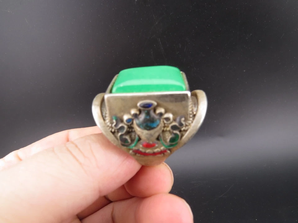 China, jade, plata pura, jade natural, incrustación de jadeíta, anillo raro, banzhi L (807) Foto 2 de 4