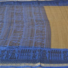 Sanskriti Vintage Blue Sarees Art Silk Warli Print Human Sari 5 Yard Fabric