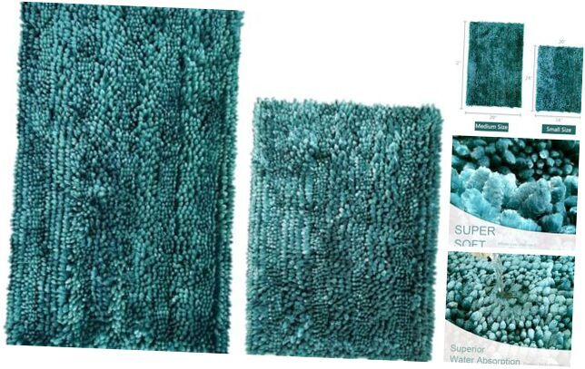 Soft Bathroom Rug Mat Set - 2 Dark Teal Non-Slip Rugs, 32