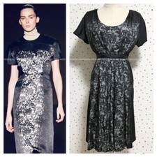 Genuine Prada ribbon lace-like print switching silk short sleeve flare Dress 36