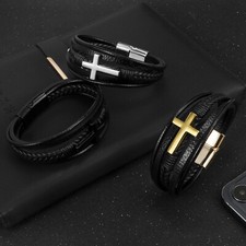 Fashion Men's Cross Bracelet Braided Leather Bracelet Wristband Cuff Bangle Gift