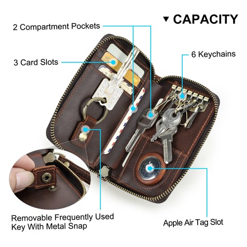 Contacts Leather RFID Keys Case Keys Bag Wallet AirTag 3 Cards Holder 6 Keychain - Picture 2 of 10