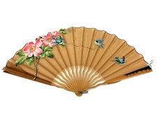 Vintage Painted Silk Chinese Hand Fan with Bluebirds   Decorative Wall Display