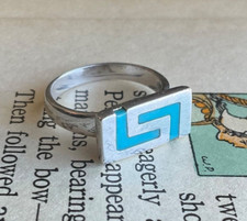 Vintage 1990  s 925 Sterling Silver Blue Enamel Greek Key Ring Size US 6 3/4