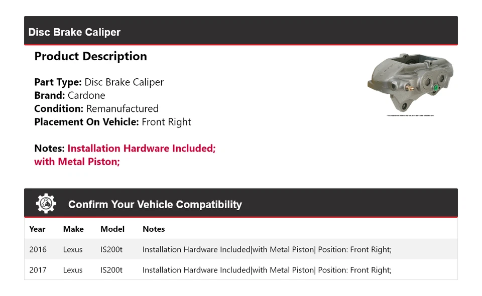 Pinza de freno de disco delantera derecha Cardone para Lexus IS200t 2016-2017 Foto 2 de 4