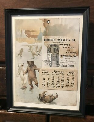 ADVERTISING CALENDAR 1895 ALASKA FURNACE STOVES HEATERS RANGES ICE SKATING BEARS