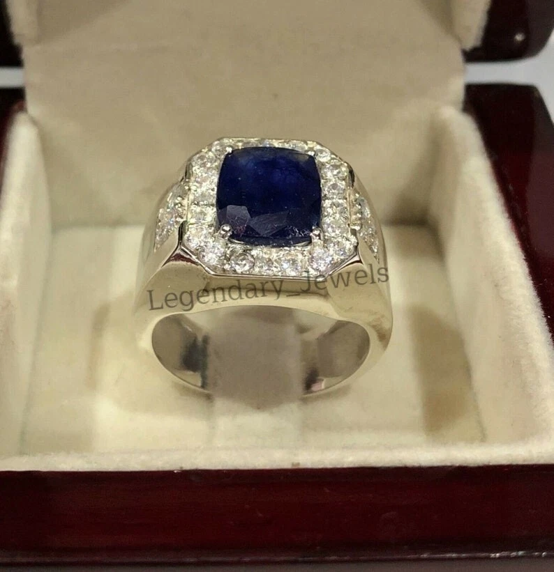 Natural Blue Sapphire Gemstone With 925 Silver Plated Men's Ring Men's Jewelry - Image 4 of 4