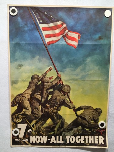 Original WWII 1945 Now All Together Iwo Jima Flag Raising 7th War Loan Poster - Afbeelding 1 van 8