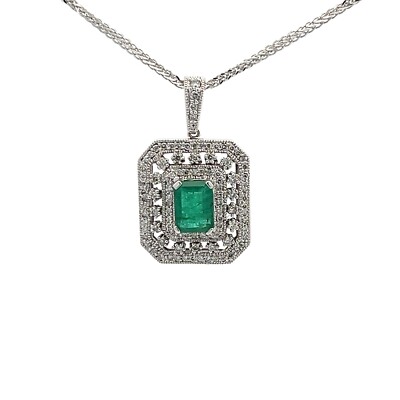 Natürlicher lebendiger Smaragd 8x6mm Diamanten Anhänger massiv 14k Weißgold Halskette