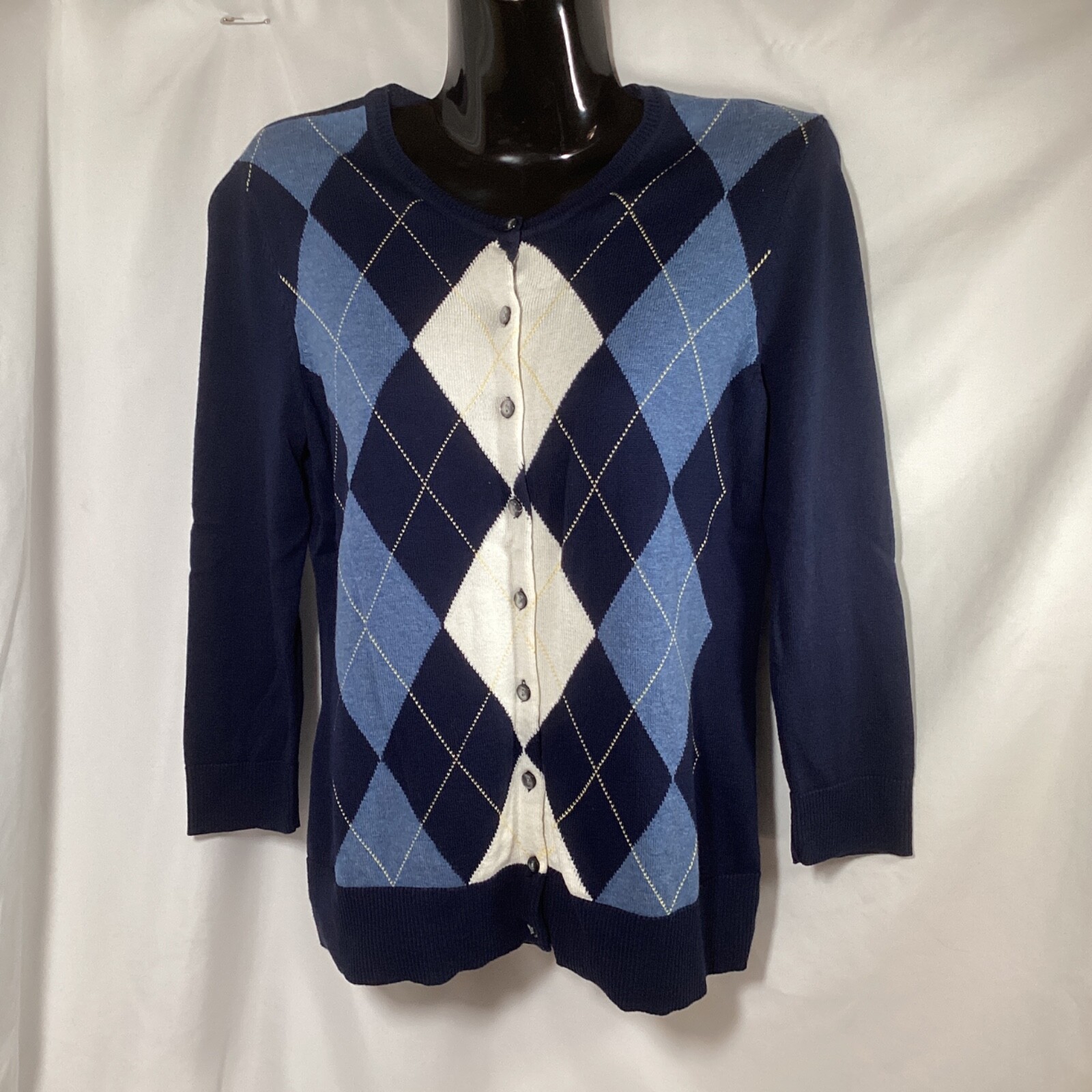 Charter Club Blue Argyle Button Up Cardigan Preppy Sweater Size Small