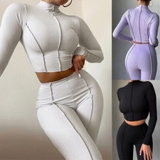 New Womens Casual Tracksuit Stretch Shirts Tops Pants Leggings 2PCs Co ord Set