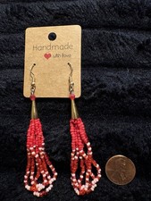 Native American Handcrafted Beaded Dangle Earrings Red Pink White Brass 