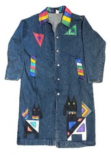 vintage 90s denim duster coat made In USA custom geometric embellishments Size M