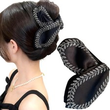 Black Satin Bow Hair Claw Clips Women Decorative Leaf Wheat Ear Rhinestone