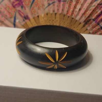 Bangle Bracelet Carved Etched Wood Dark Brown Size 8'' Inside