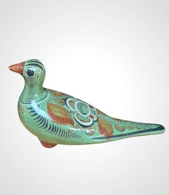 Vintage Green Simeon Galván Tonala Pottery Bird SG Signed Fine Lines Folk Art 8''