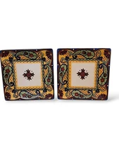 2 Pc Plates Corsica Home Gallery Crown Jewel Salad Set 8.25" Square Yellow Blue 