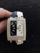 SWATCH TURNOVER BLACK AND WHITE RECTANGULAR AG 2002 WATCH VINTAGE WORKS