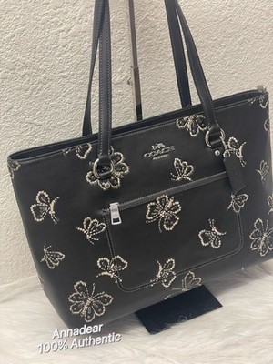 NWT Coach Station Tote Bag With Butterfly Print Silver Black CCK87