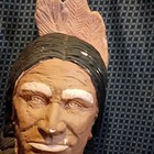 Painted Ceramic Native American Bust Sculpture Braided Hair Feather 20" Decor — photo 2