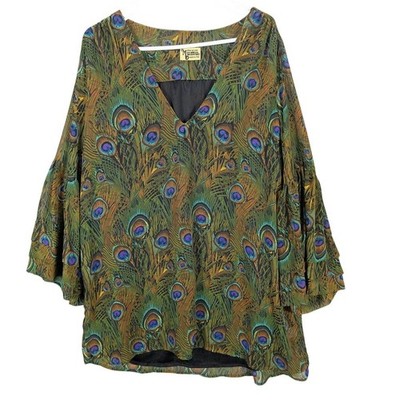 Show Me Your Mumu Tunic Womens M/L Green Peacock Feather Sheer Bell Long Sleeve