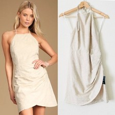 NWT Lulu’s MEDIUM Fair Skies linen back cream jacquard tie back mini tulip dress