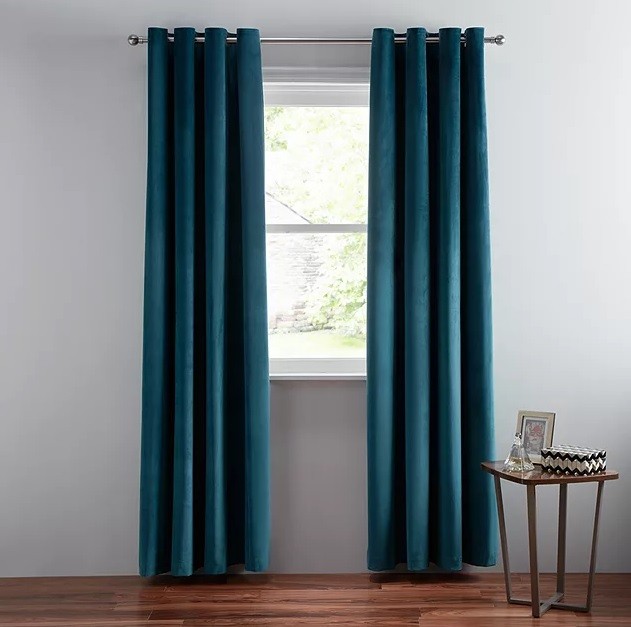John Lewis Velvet Pair Lined Eyelet Curtains W167 x Drop 228cm - Teal (Marked)