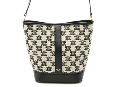 CELINE Triomphe Small Bucket Bag White / Black Canvas / Leather AP093570 #DB388
