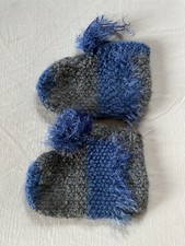 Hand Knitted Slippers Blue Home Slippers Warm Comfy Pom Pom Accent Trim Read