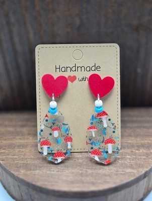 NWT Mushroom Red Heart Earrings Pierced Acrylic Glass Bead Dangle Drop Handmade