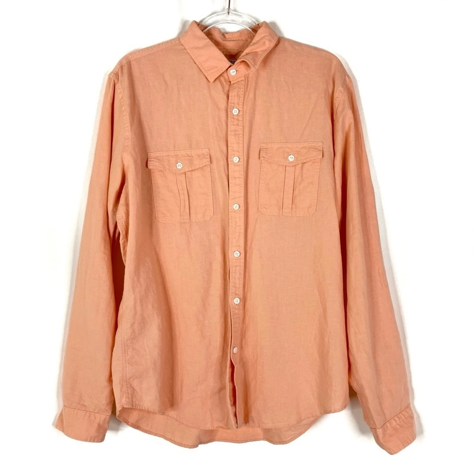 Express Light Orange Men's Large Linen Cotton Button Up Shirt Casual Lightweight