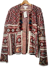 NEW Peck & Peck Wool Blend Tapestry Sweater Cardigan Sz L Tassel Hook Close Boho