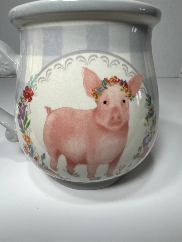 Pioneer Woman 15 oz. Taza de café Grey Gingham Country Farm diseño cerdo rosa BONITA Foto 3 de 4