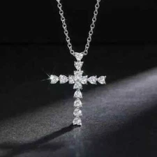 1.50 CT Heart Cut Moissanite Cross Charm Pendant Neckless 925 Sterling Silver