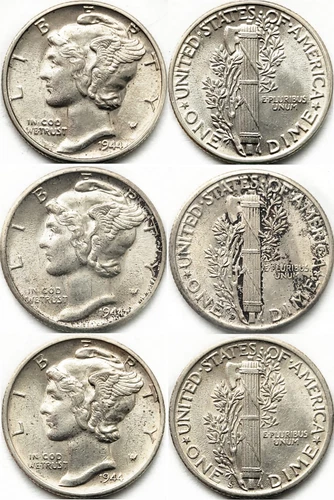 1944-P D S Mercury Silver Dime 10c in UNC+ * Original Surfaces * Beautiful Set