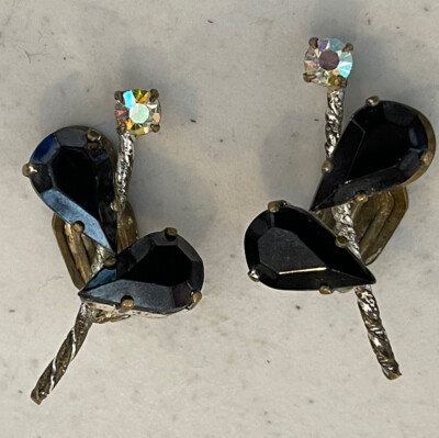 Vintage Germany Marked Rhinestone Flower Clip on Earrings 