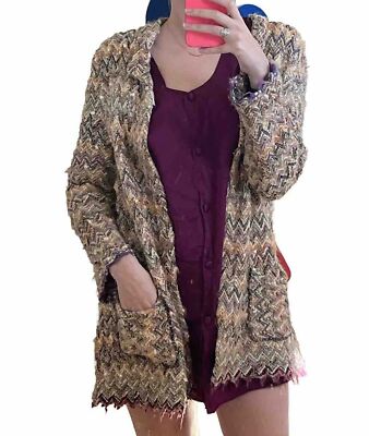 Vintage y2k Chunky Knit Long Cardigan Funky Fuzzy Zig Zag French Handmade 