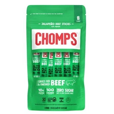 Chomps Grass-Fed and Finished Jalapeño Beef Jerky Meat Snack 8 Pack, 1.15oz