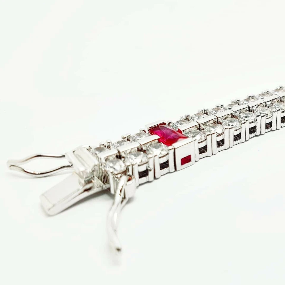 Double Row white gold finish Created Diamond and red ruby tennis bracelet - Image 2 of 4
