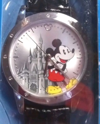 New Walt Disney World Quartz Watch Mickey Dial Silver Black Leather Free Ship!