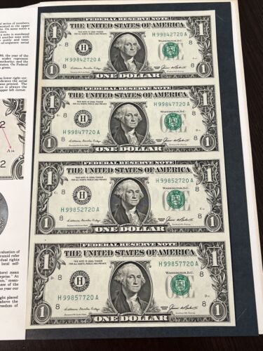 1985 Uncut Sheet of 4 $1 Bureau of Engraving and Printing - Picture 2 of 6