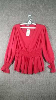 Yoins Women Sz 2XL/18 V Neck Shirring Long Sleeve Blouse Red NWT Elastic Casual