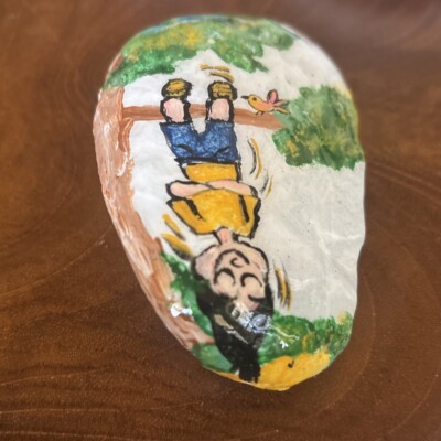 Hand Painted Rock ''Kid Upside Down In Tree  Collectible Art Decor